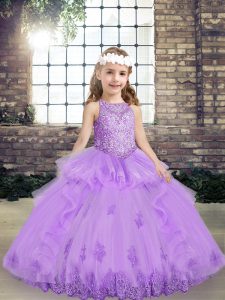 Modern Lavender Lace Up Kids Formal Wear Lace and Appliques Sleeveless Floor Length