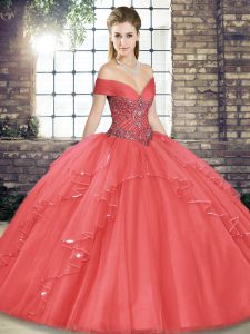 Watermelon Red Lace Up Off The Shoulder Beading and Ruffles Vestidos de Quinceanera Tulle Sleeveless