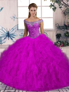High End Sleeveless Tulle Brush Train Lace Up Quinceanera Dress in Fuchsia with Beading and Ruffles