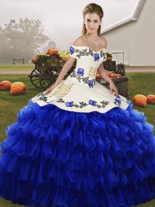 Shining Royal Blue Organza Lace Up Ball Gown Prom Dress Sleeveless Floor Length Embroidery and Ruffled Layers