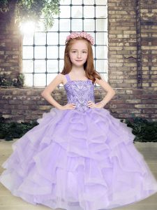 Stunning Lavender Lace Up Little Girls Pageant Gowns Beading and Ruffles Sleeveless Floor Length