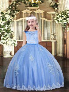 Floor Length Baby Blue Little Girls Pageant Dress Wholesale Tulle Sleeveless Beading and Appliques