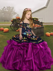 Modern Floor Length Fuchsia Little Girls Pageant Dress Wholesale Organza Sleeveless Embroidery and Ruffles