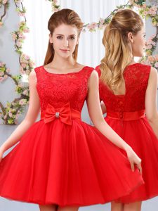 Chic Scoop Sleeveless Lace Up Vestidos de Damas Red Tulle