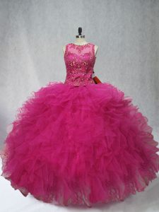 Stylish Fuchsia Sleeveless Floor Length Beading and Ruffles Lace Up 15 Quinceanera Dress