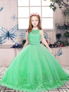 Amazing Green Backless Scoop Lace and Appliques Little Girl Pageant Dress Tulle Sleeveless
