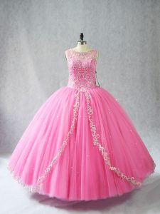 Fabulous Rose Pink Sleeveless Beading and Appliques Floor Length 15 Quinceanera Dress