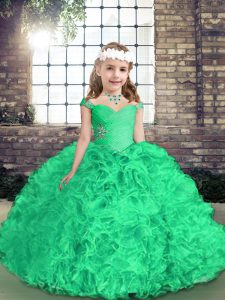 Eye-catching Straps Sleeveless Little Girl Pageant Gowns Floor Length Beading and Ruffles Green Fabric With Rolling Flowers
