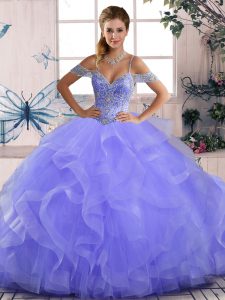Fitting Lavender Ball Gowns Tulle Off The Shoulder Sleeveless Beading and Ruffles Asymmetrical Lace Up Sweet 16 Dress