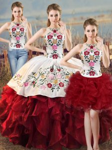 Exquisite Halter Top Sleeveless Sweet 16 Quinceanera Dress Floor Length Embroidery and Ruffles White And Red Organza