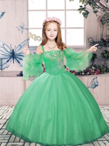 Custom Fit Green Tulle Lace Up Little Girls Pageant Gowns Sleeveless Floor Length Beading