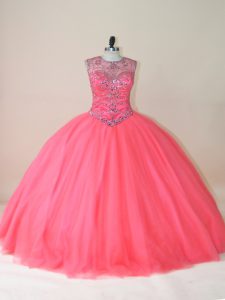 Watermelon Red Scoop Neckline Beading Sweet 16 Dress Sleeveless Lace Up