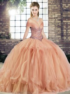 Discount Peach Off The Shoulder Lace Up Beading and Ruffles 15 Quinceanera Dress Sleeveless
