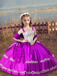 Customized Fuchsia Satin Lace Up Little Girls Pageant Gowns Sleeveless Floor Length Beading and Embroidery