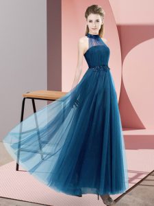 Blue Tulle Lace Up Damas Dress Sleeveless Floor Length Beading and Appliques