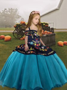 Modern Teal Organza Lace Up Straps Sleeveless Floor Length Pageant Gowns For Girls Embroidery