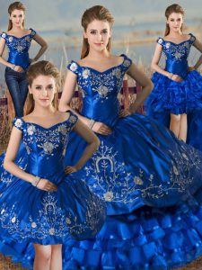 Glamorous Royal Blue Lace Up Off The Shoulder Embroidery and Ruffled Layers Quinceanera Dresses Satin and Organza Sleeveless
