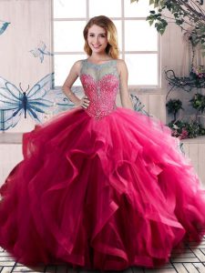 Hot Sale Floor Length Lace Up Quinceanera Gown Fuchsia for Sweet 16 and Quinceanera with Beading and Ruffles