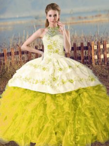 Halter Top Sleeveless Court Train Lace Up Quinceanera Dress Yellow Green and Yellow Organza