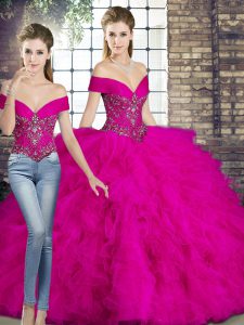 Fuchsia Two Pieces Tulle Off The Shoulder Sleeveless Beading and Ruffles Floor Length Lace Up Quinceanera Gown