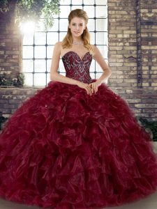 Floor Length Burgundy Ball Gown Prom Dress Organza Sleeveless Beading and Ruffles