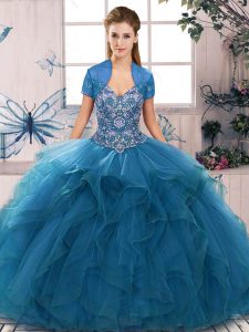 Dramatic Blue Sweet 16 Dress Military Ball and Sweet 16 and Quinceanera with Beading and Ruffles Off The Shoulder Sleeveless Lace Up