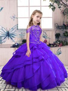 Purple Ball Gowns Beading and Ruffled Layers Little Girls Pageant Dress Wholesale Lace Up Organza Sleeveless Floor Length