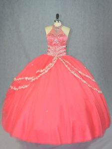 Sumptuous Ball Gowns Sweet 16 Quinceanera Dress Watermelon Red Halter Top Tulle Sleeveless Floor Length Lace Up