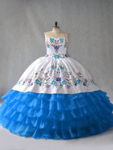 Traditional Sleeveless Floor Length Embroidery and Ruffled Layers Lace Up Sweet 16 Dresses with Blue And White