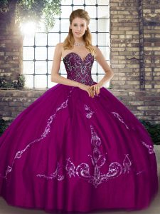 Fuchsia Sleeveless Floor Length Beading and Embroidery Lace Up Sweet 16 Quinceanera Dress