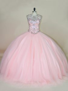 Simple Baby Pink Ball Gowns Beading Ball Gown Prom Dress Lace Up Tulle Sleeveless