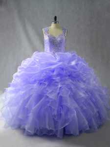 Gorgeous Floor Length Lavender 15 Quinceanera Dress Organza Sleeveless Beading and Ruffles