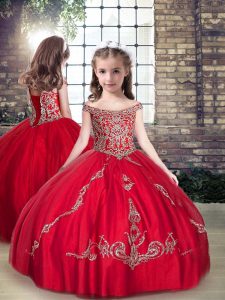 Best Red Straps Neckline Beading Little Girls Pageant Dress Sleeveless Lace Up