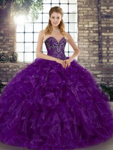 Ideal Beading and Ruffles Sweet 16 Dress Purple Lace Up Sleeveless Floor Length