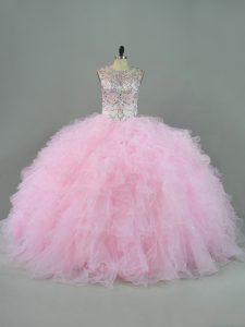 Custom Designed Baby Pink Sleeveless Floor Length Beading and Ruffles Lace Up Sweet 16 Dresses