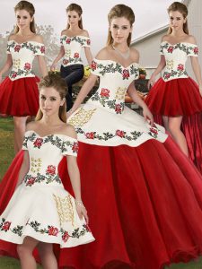 White And Red Ball Gown Prom Dress Military Ball and Sweet 16 and Quinceanera with Embroidery Off The Shoulder Sleeveless Lace Up