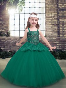 Green Ball Gowns Tulle Straps Sleeveless Beading Floor Length Lace Up Girls Pageant Dresses