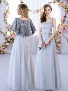 Colorful Grey Empire Appliques Court Dresses for Sweet 16 Lace Up Tulle Sleeveless Floor Length