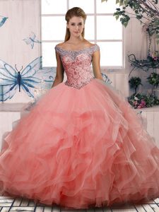 Decent Floor Length Watermelon Red Quinceanera Gowns Tulle Sleeveless Beading