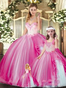 Perfect Sweetheart Sleeveless 15th Birthday Dress Floor Length Beading Fuchsia Tulle