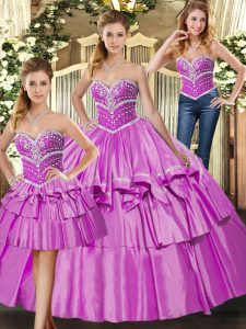 Classical Lilac Three Pieces Satin Sweetheart Sleeveless Beading and Ruffled Layers Floor Length Lace Up Quinceanera Dress