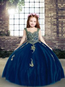 Gorgeous Blue Lace Up Child Pageant Dress Appliques Sleeveless Floor Length