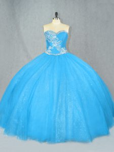 Blue Sleeveless Floor Length Beading Lace Up Ball Gown Prom Dress