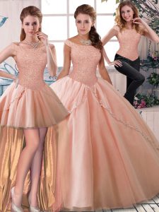 Dynamic Three Pieces Sleeveless Peach Ball Gown Prom Dress Brush Train Lace Up