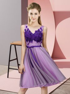 Sweet Lavender Empire Appliques Vestidos de Damas Lace Up Tulle Sleeveless Knee Length