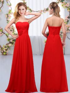 Red Lace Up Quinceanera Court Dresses Hand Made Flower Sleeveless Floor Length
