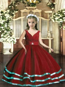 Adorable Floor Length Wine Red Pageant Dresses Organza Sleeveless Beading and Ruching