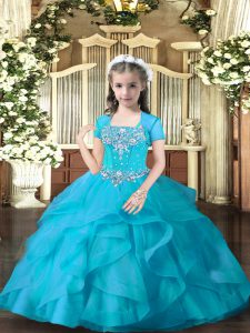 Aqua Blue Tulle Lace Up Little Girls Pageant Dress Wholesale Sleeveless Floor Length Beading and Ruffles