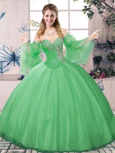 Long Sleeves Tulle Floor Length Lace Up Quinceanera Gown in Green with Beading