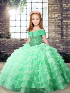 Affordable Apple Green Child Pageant Dress Party and Military Ball and Wedding Party with Beading and Ruffled Layers Straps Sleeveless Lace Up